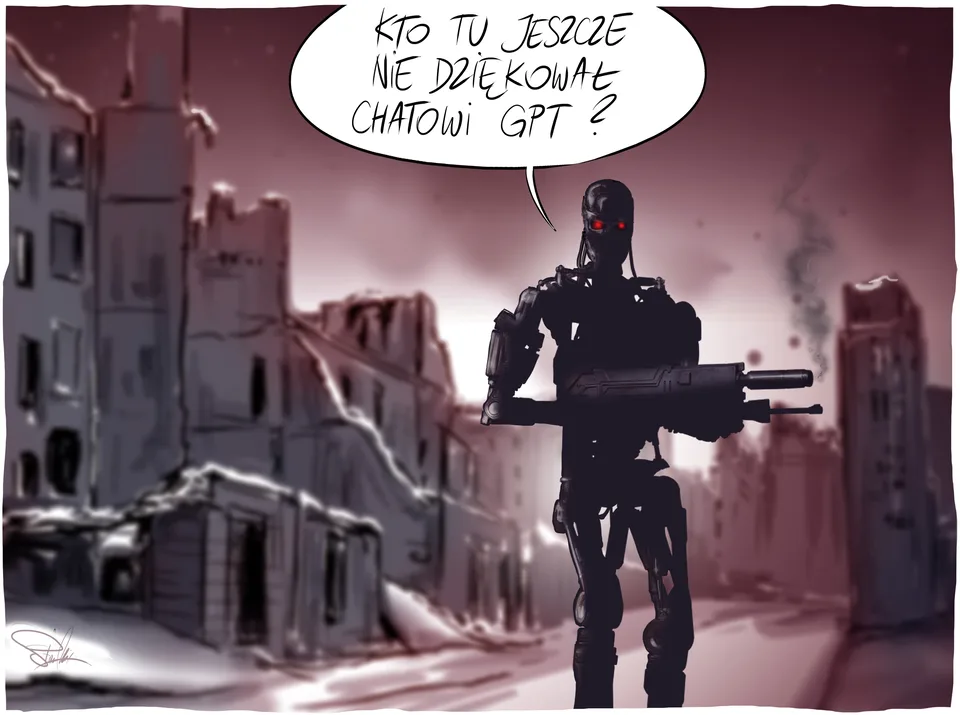 Ilustracja satyryczna do felietonu o sztucznej inteligencji: robot w ruinach miasta pyta, kto jeszcze nie dziękował czatowi GPT