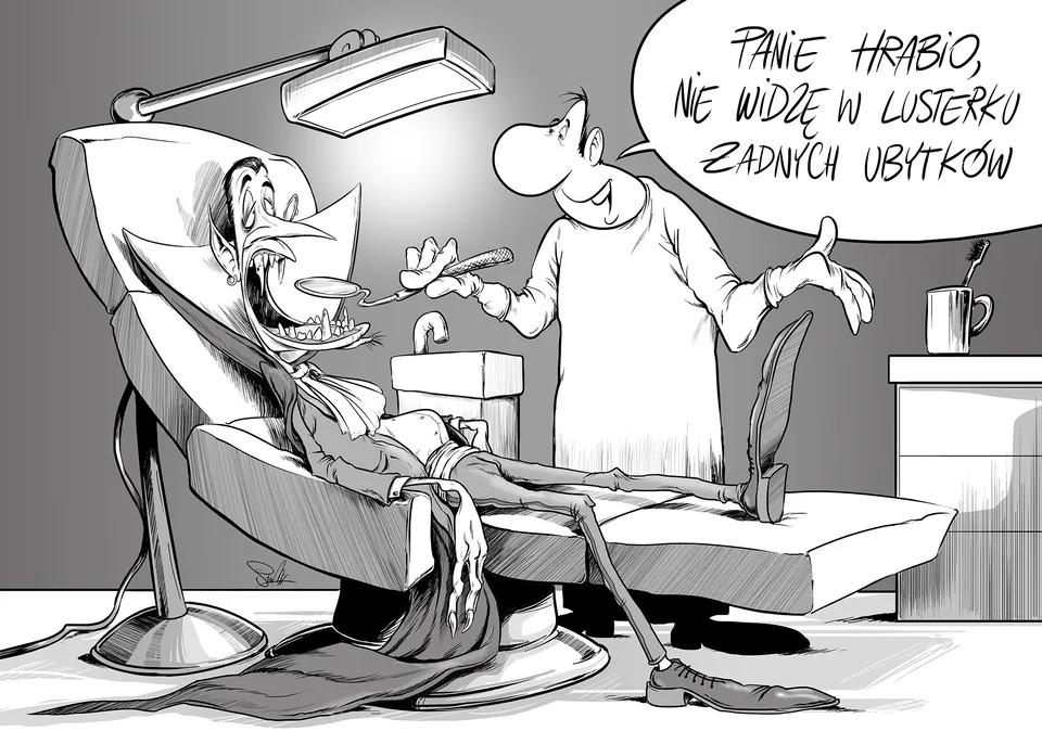 Czarno-biały rysunek satyryczny: dentysta mówi wampirowi na fotelu, że w lusterku nie widzi żadnych ubytków